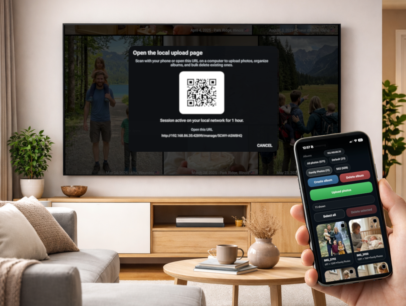 Scanning QR code on TV to upload family photos from phone to Android TV screensaver