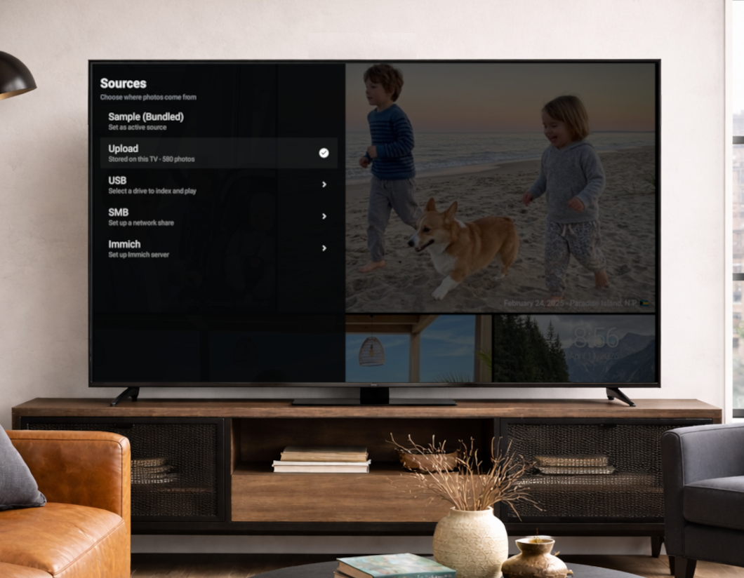 Carousel sources screen showing USB, NAS/SMB, and Immich options on living room TV